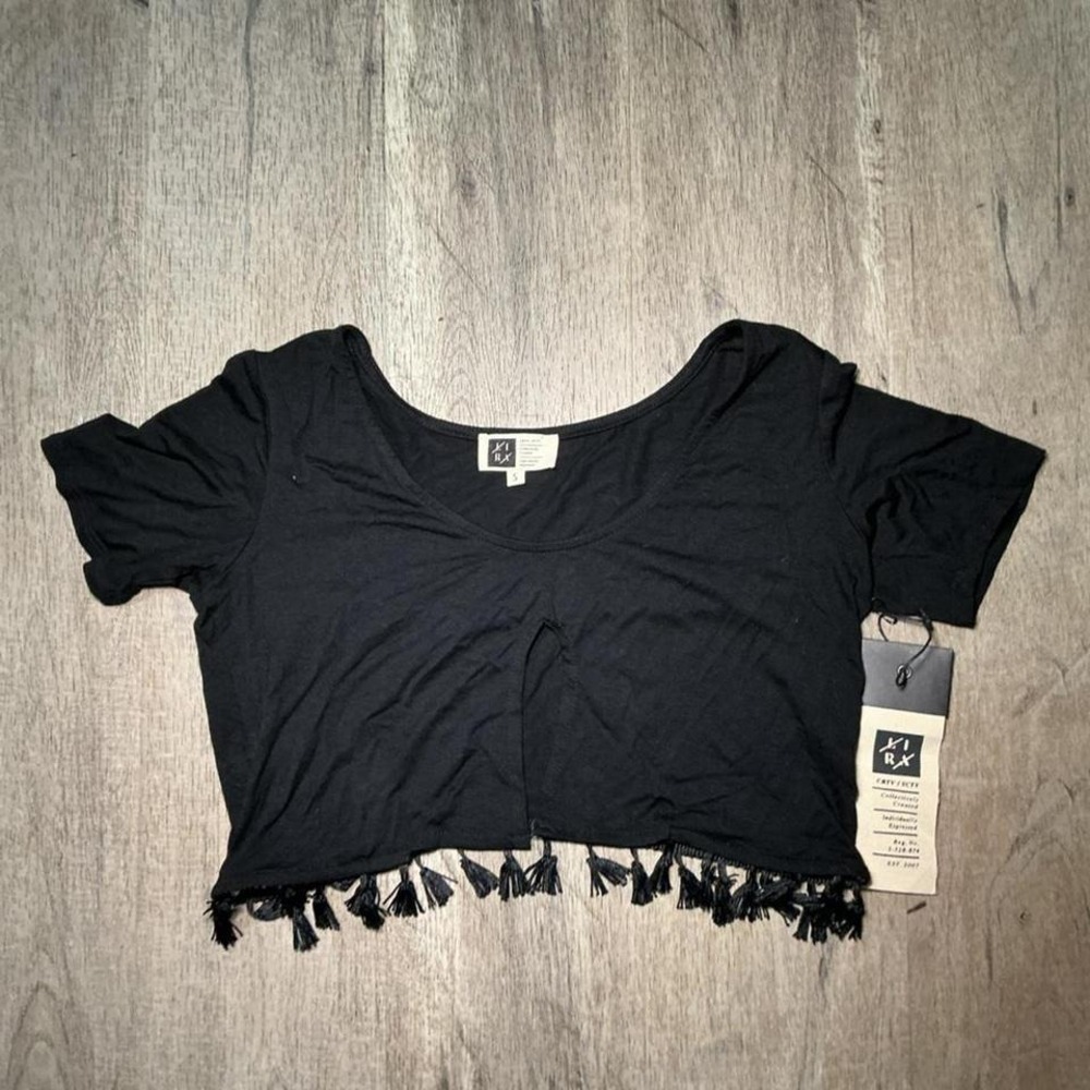 VIRX Black‎ Crop Top Fringe Trim Alt Streetwear Going Out Casual Size S